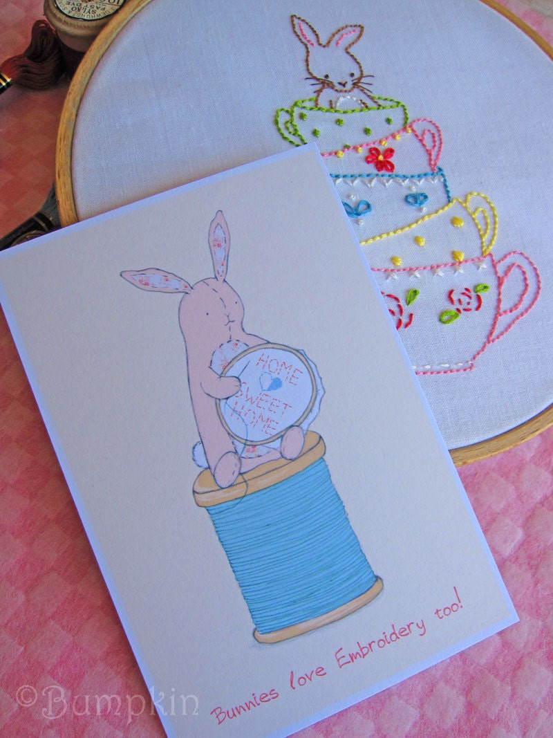 Bunnies Love Embroidery too - 3 Art Postcards