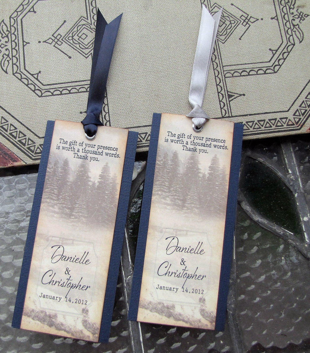 Wedding Favor Bookmarks  Rustic Winter Woodland Pine Trees in Snow