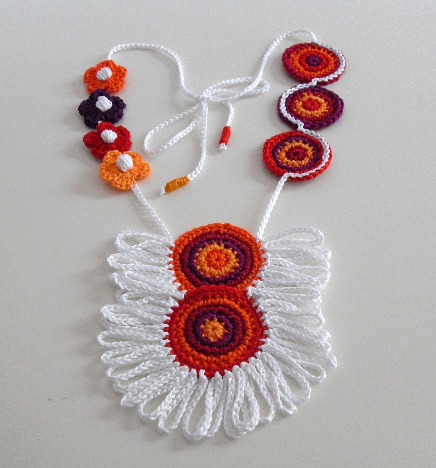 Crocheted Necklace Orange Red White Purple - Fiber Art Textile Necklace - Handmade - ETHNIC (05)