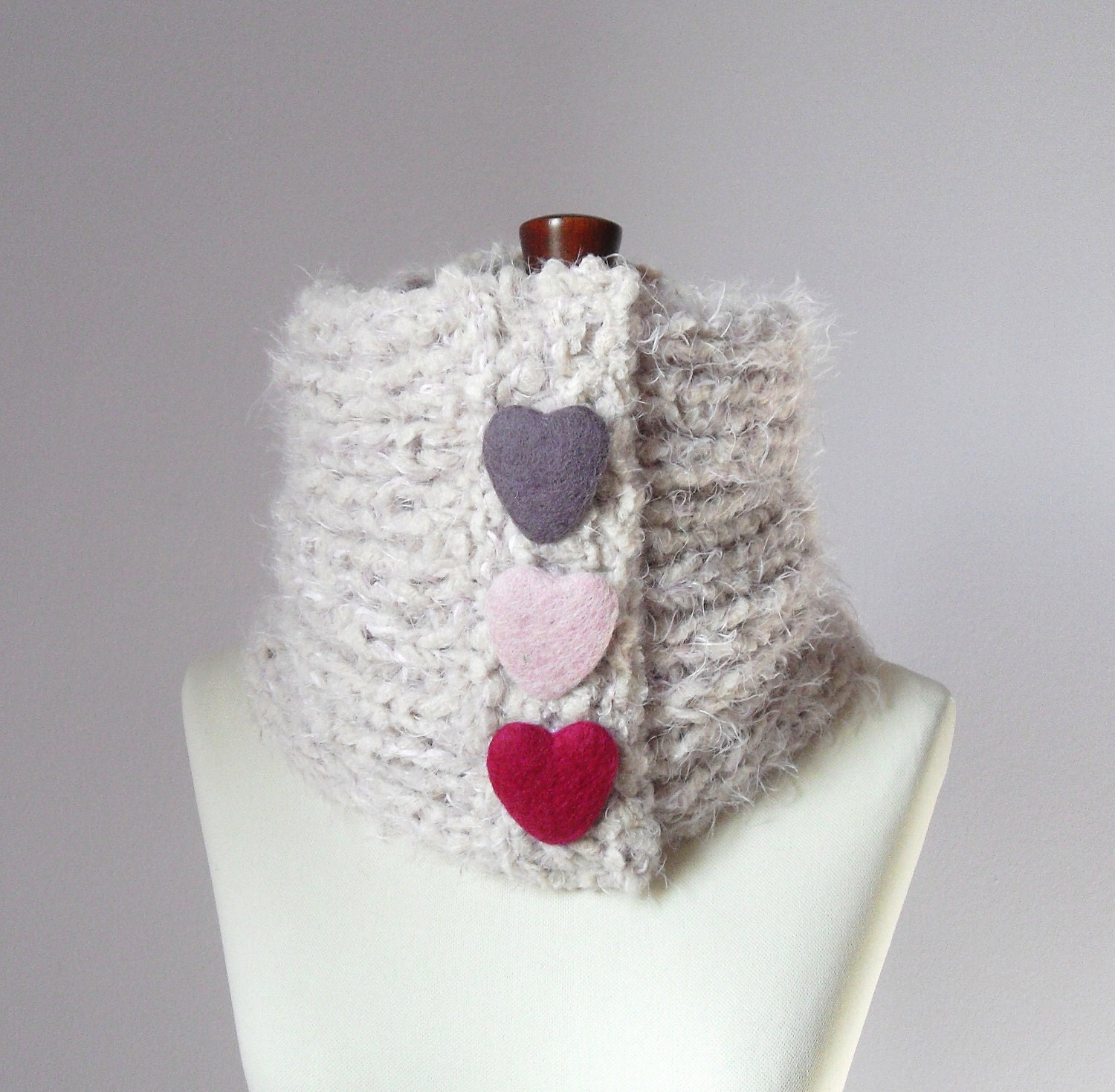 Giant Crochet  Cowl  - Powder Pink with felt hearts