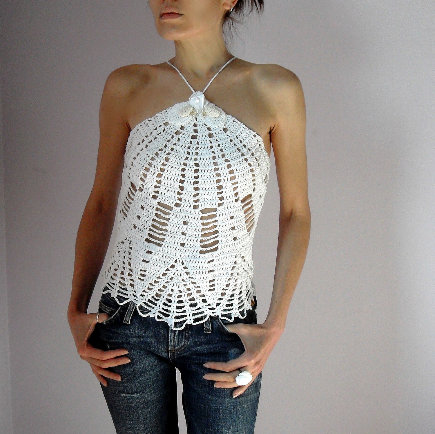Crocheted tank top corset Halter Pure white Handmade Summer Women Sexy (Lux)