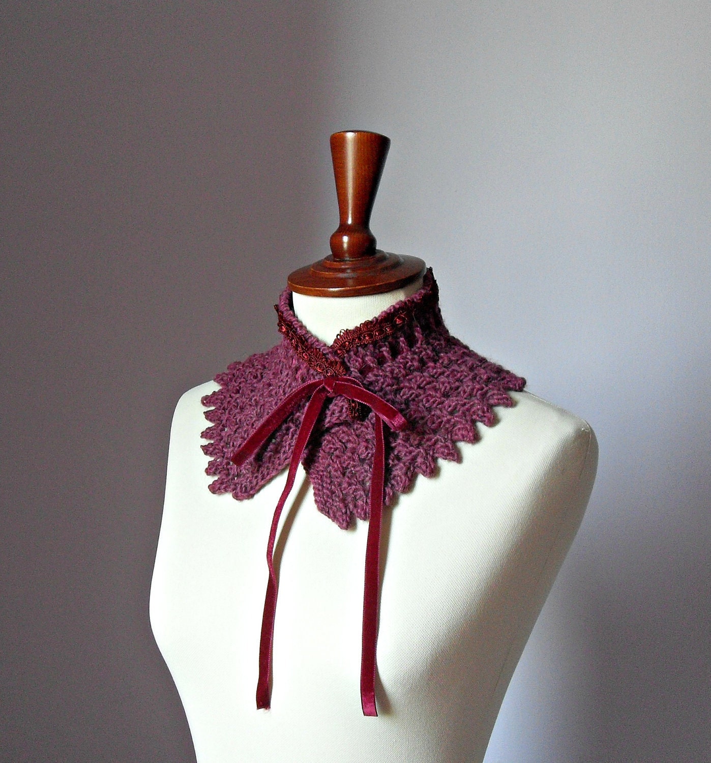 Knitted Cowl Neckwarmer Hot Pink Cherry Victorian inspired with Ribbon - Handmade GENTILESCHI