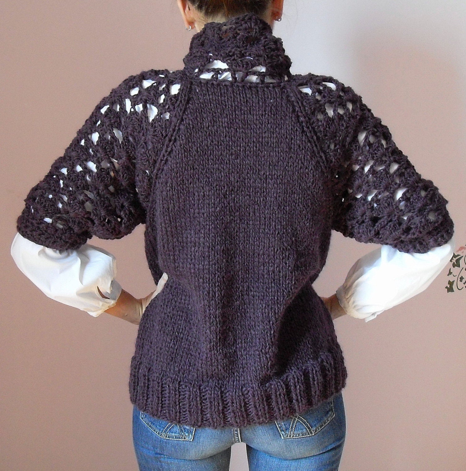 Hand Knit Lace Sleeves Sweater/Pullover - Red wine burgundy - size M - MERLOT