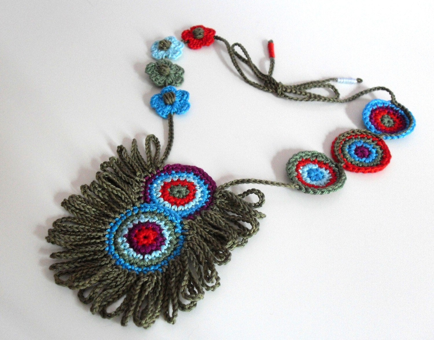 Crocheted Necklace Blue Red Green Purple - Fiber Art Textile Necklace - Handmade - ETHNIC (04)