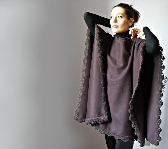 Crochetted Poncho, Coat - Burgundy, Red Wine - Fashion Design - Women - Cape, Jacket - Handmade Italian Mohair