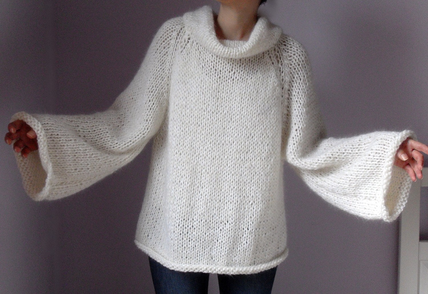 Knitted Sweater with long Sleeves Turtleneck Pure white - Handmade - Super soft Italian Kid Mohair (luxury)