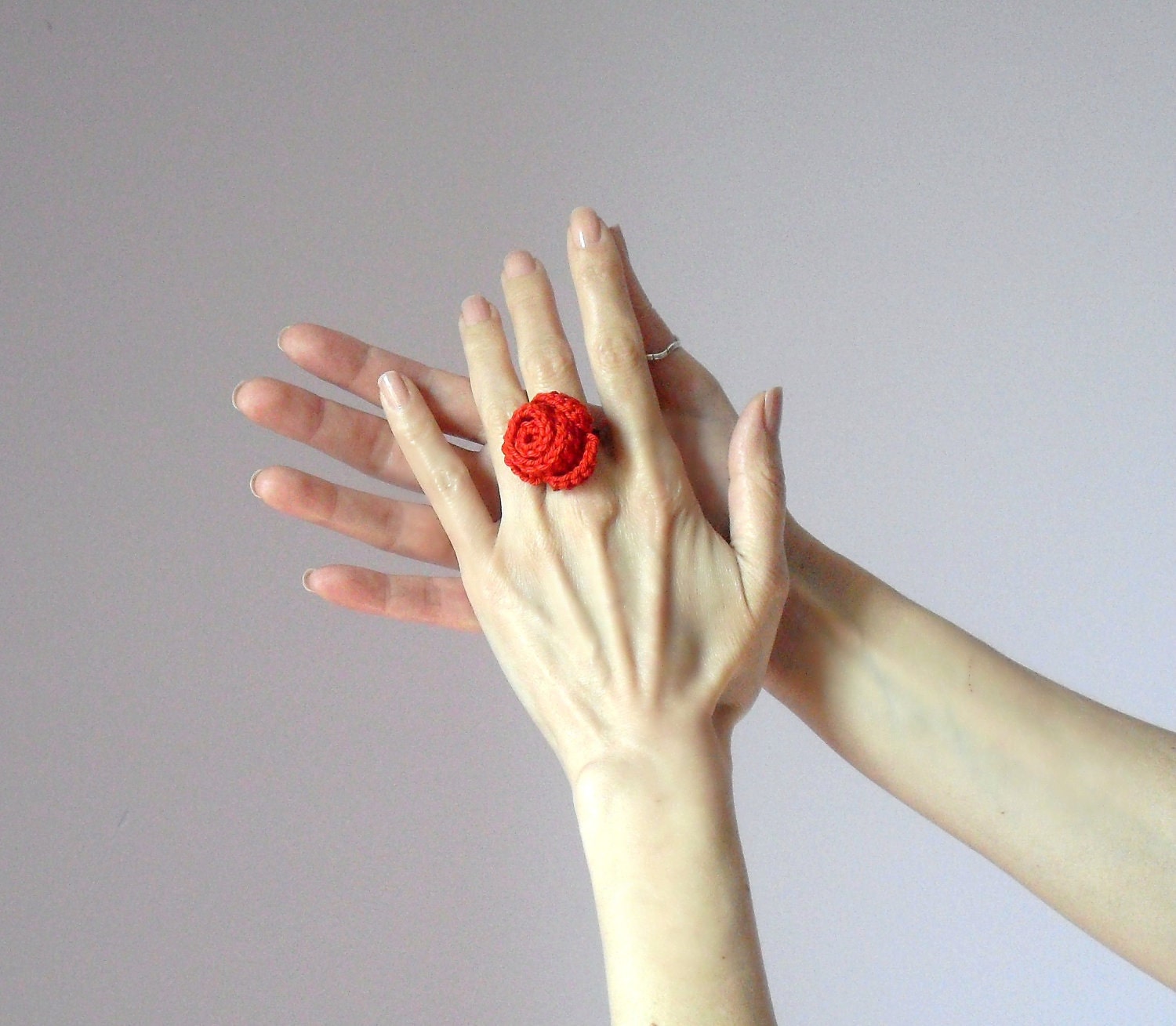 Crocheted Rose Ring Flower Cotton Red Adjustable Handmade