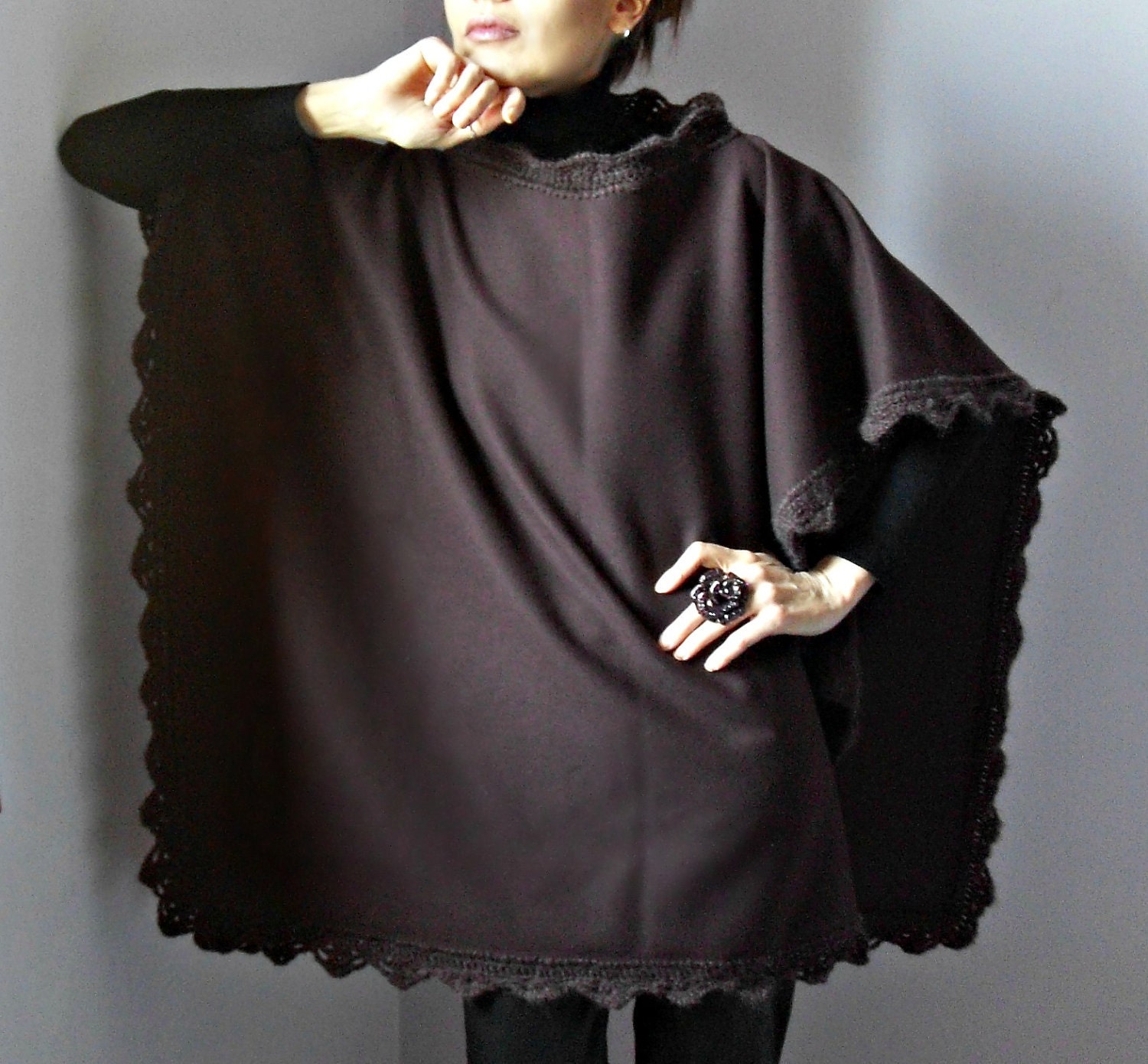 Crochetted Poncho, Coat - Burgundy, Red Wine - Fashion Design - Women - Cape, Jacket - Handmade Italian Mohair