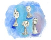 Sculpture Sketch in Blue - Fine Art Print - ladies heads