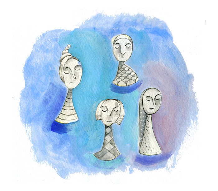 Sculpture Sketch in Blue - Fine Art Print - ladies heads