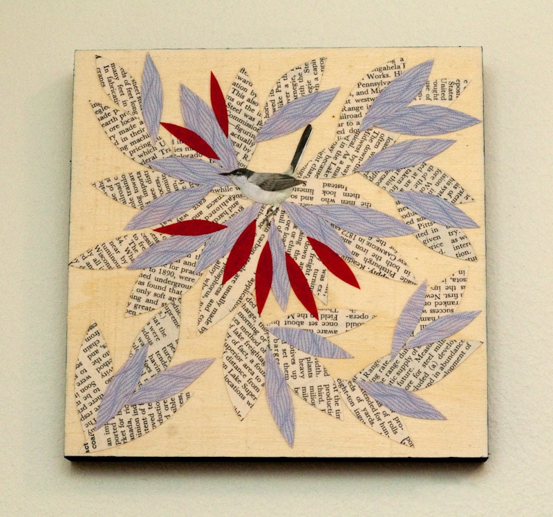 One of a Kind Mixed Media Collage with Bird