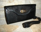 LITTLE LIZZIE - 1970s vintage black embossed leather small lizard wallet or clutch purse