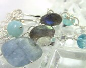 Aqua Blue Grey Stone Charm Bracelet - Christian Jewelry - Sterling Silver Chain, Aquamarine, Labradorite, Silver Cross - Living Water
