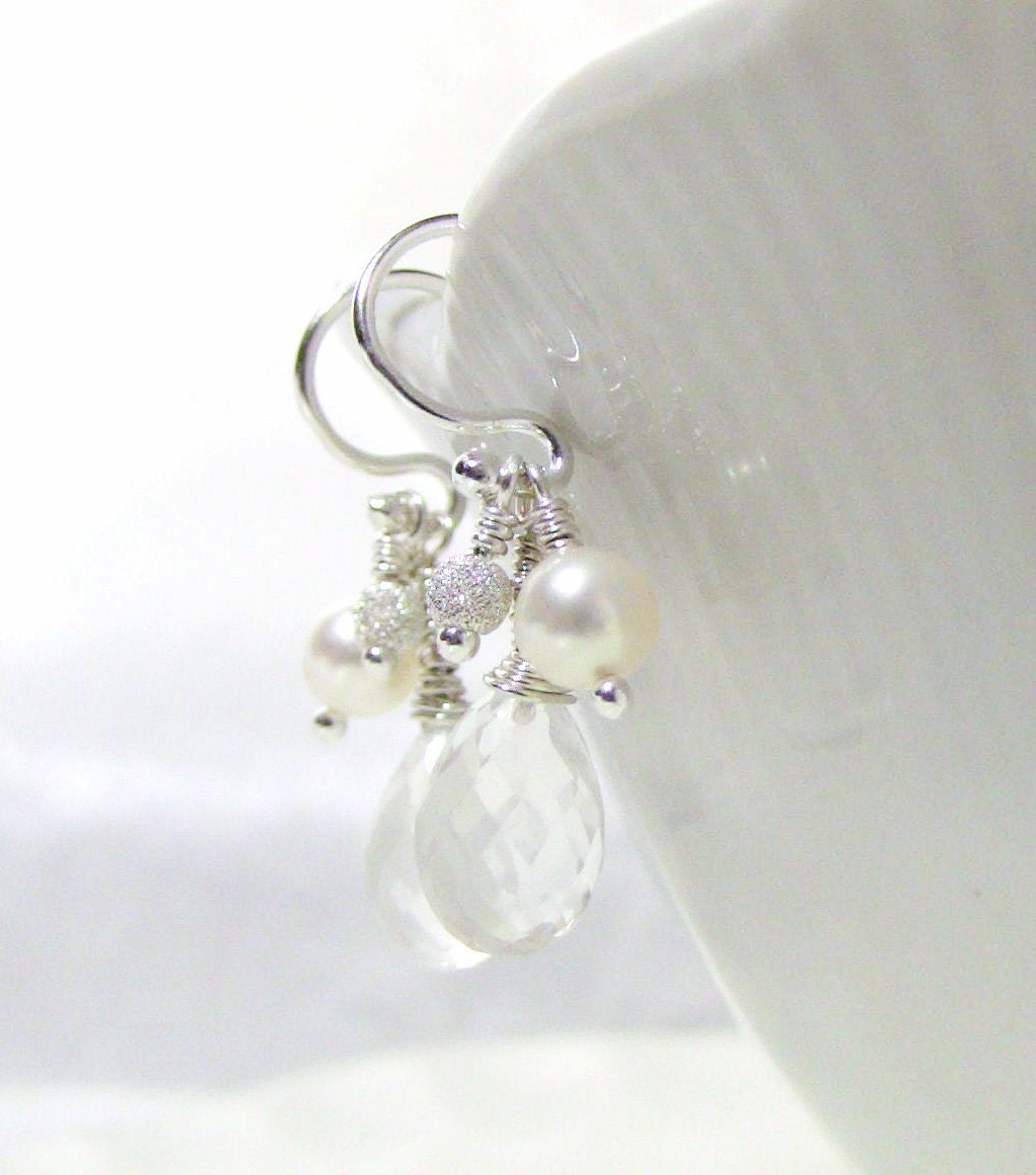 Bridal Earrings - Sterling, Quartz Crystal, White Fresh Water Pearls - Christian Earrings - FAITH, HOPE and LOVE