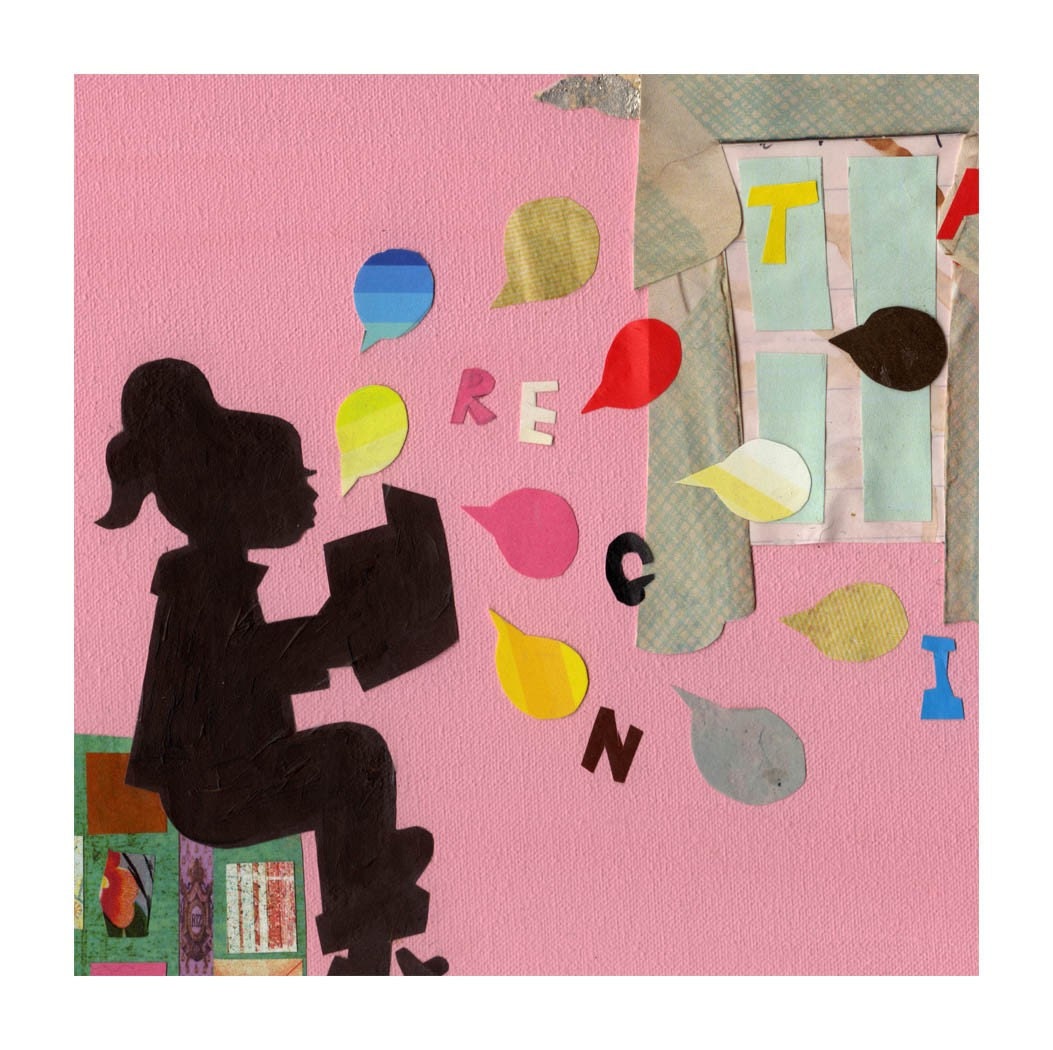 Childrens Art I am Reading Collage in Pink