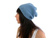 Marisa Romantic Knit Slouch Hat in Sky Cornflower Blue Soft Cashmere Merino. Spring and Winter Fashion Handmade in France.