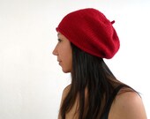 Made in France: Beret Style Rose Red Hand Knit Slouch Hat. Spring and Winter Fashion.