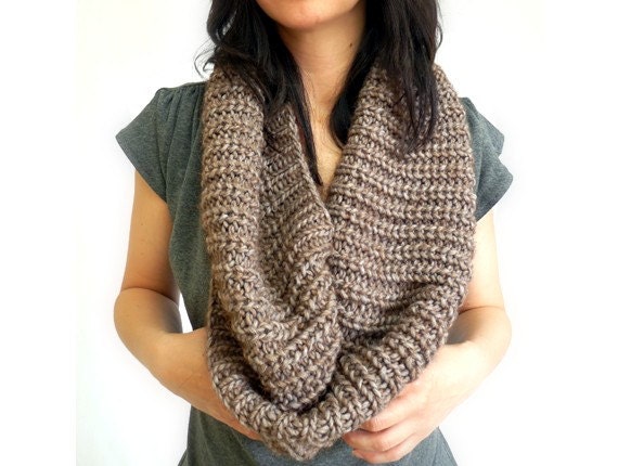 RESERVED - Pearly Ribbed Knit Infinity Scarf in Brown Alpaca