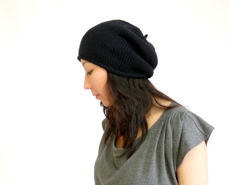 Made in France Beret Style Slouch Hat in Ink Black Merino, Urban Style. Spring and Winter Fashion. Handmade in France.