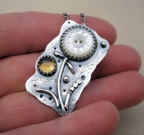 RESERVED - Vintage Button Citrine Floral Pendant - Sterling Silver Handmade