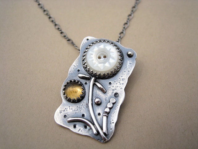 RESERVED - Vintage Button Citrine Floral Pendant - Sterling Silver Handmade