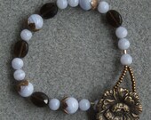 Bronze Blossoms bracelet with brass, blue lace agate and smoky quartz