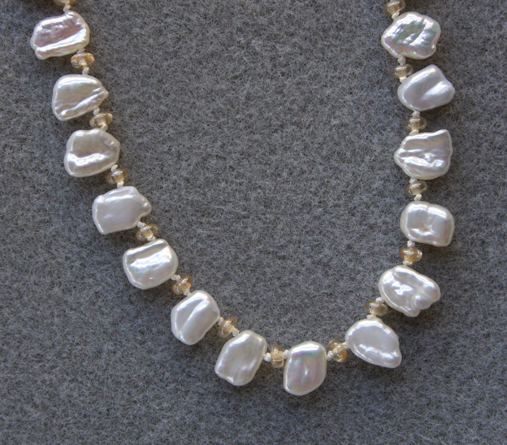 Pearly Whites handknotted necklace and earrings set with freshwater keshi pearls, Czech glass and sterling silver