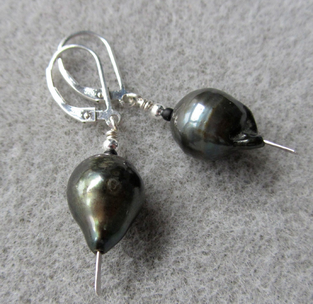 Tahitian Baroque Pearl earrings with naturally black saltwater pearls and sterling silver