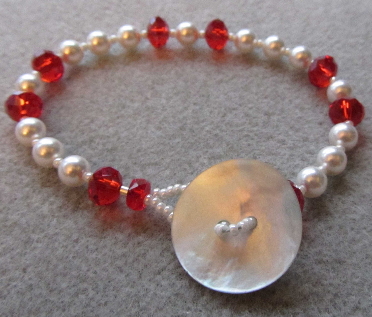 Candy Cane bracelet and earrings set with Swarovski pearls, crystal, sterling silver and handmade button clasp