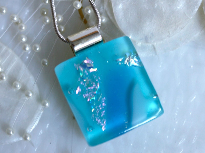 Dichroic Fused Glass Pendant, Fused Glass Jewelry, Fused Glass Necklace - Aqua Waters 00959 - GetGlassy