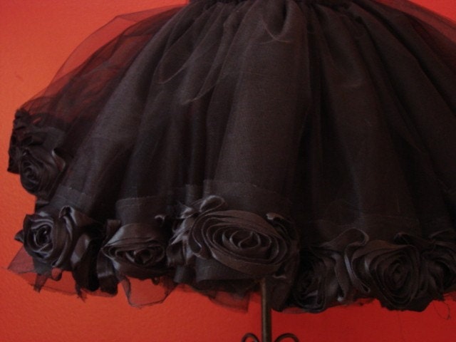 Sophisticated and Sassy Black Dress Up Tutu Skirt with Oversized Black Satin Rose Trim