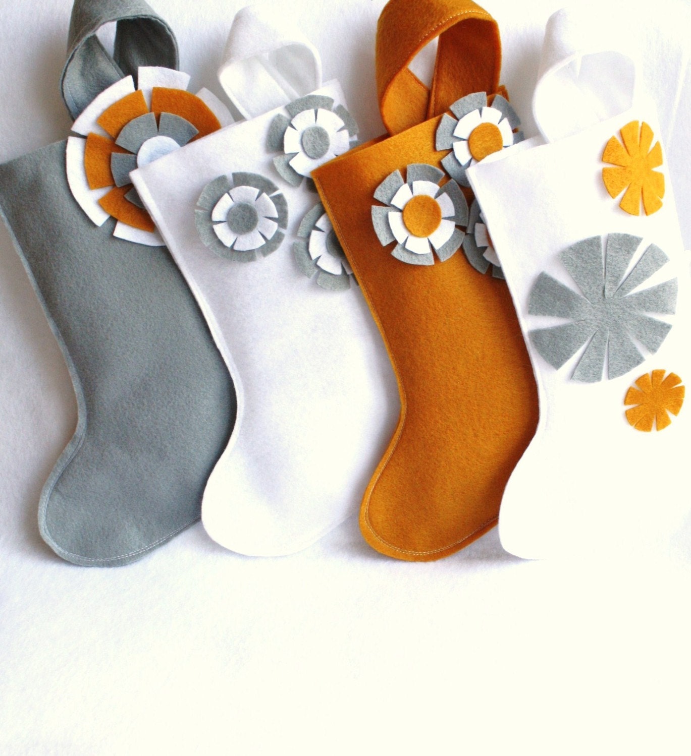 a set of 4 Christmas stockings in gray / grey , gold and  white eco friendly felt - january delivery