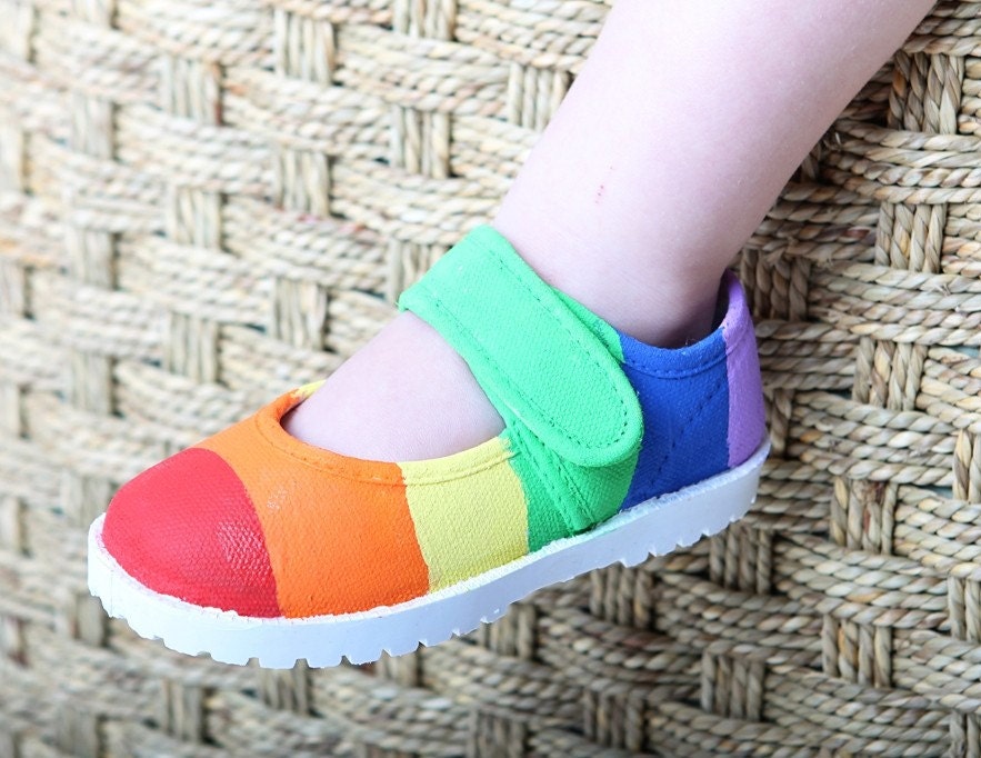 Rainbow children's shoes - Colorful hand painted rainbow maryjane shoes for girls - infant and toddler bright sunny shoes for children