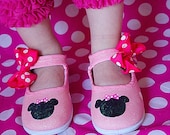 Minnie Mouse shoes - Hand painted pink minnie mouse inspired maryjane shoes with a touch of hot pink - hairclip bows for girls, baby toddler