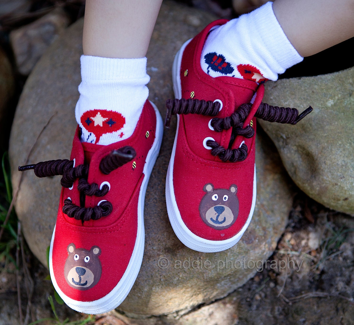 Bear Shoes - hand painted bears with bees and beehive onto red sneakers for boys or girls - infants toddlers
