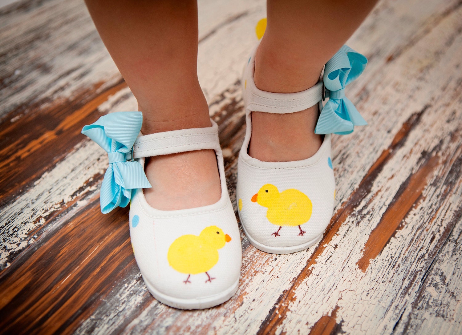 Yellow chicks with polka dots and fuzzy tail on maryjane shoes handpainted for girls - baby - toddler - springtime shoes