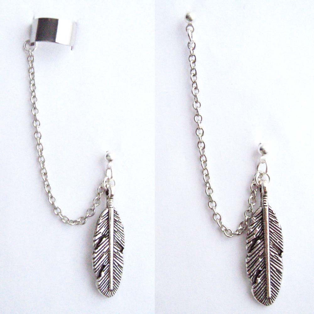 Single Large Feather Chain with Double Piercing or Earring Cuff, SAN-391