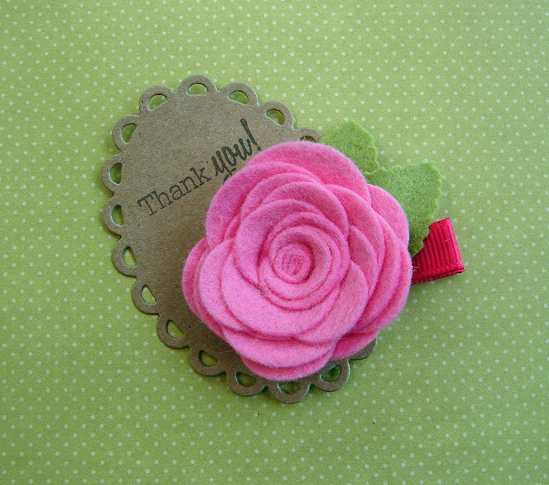 Wool Felt Flower Hair Clip - Fun Summer Clippie - Shocking Pink Rose with Leaves
