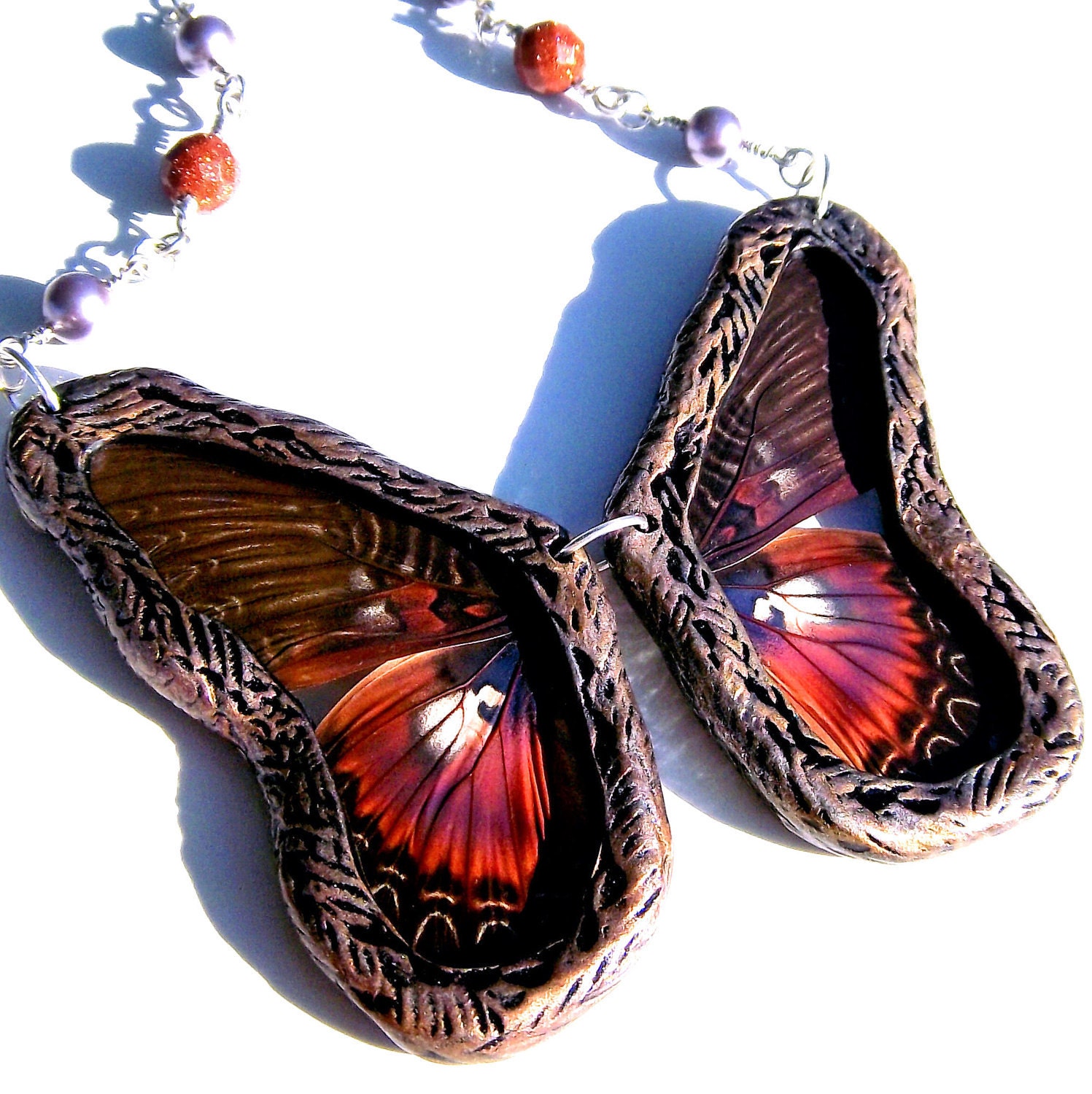 Real Butterfly Wing Necklace Butterfly Jewelry ENTIRE Butterfly VIOLET LACEWING Rare