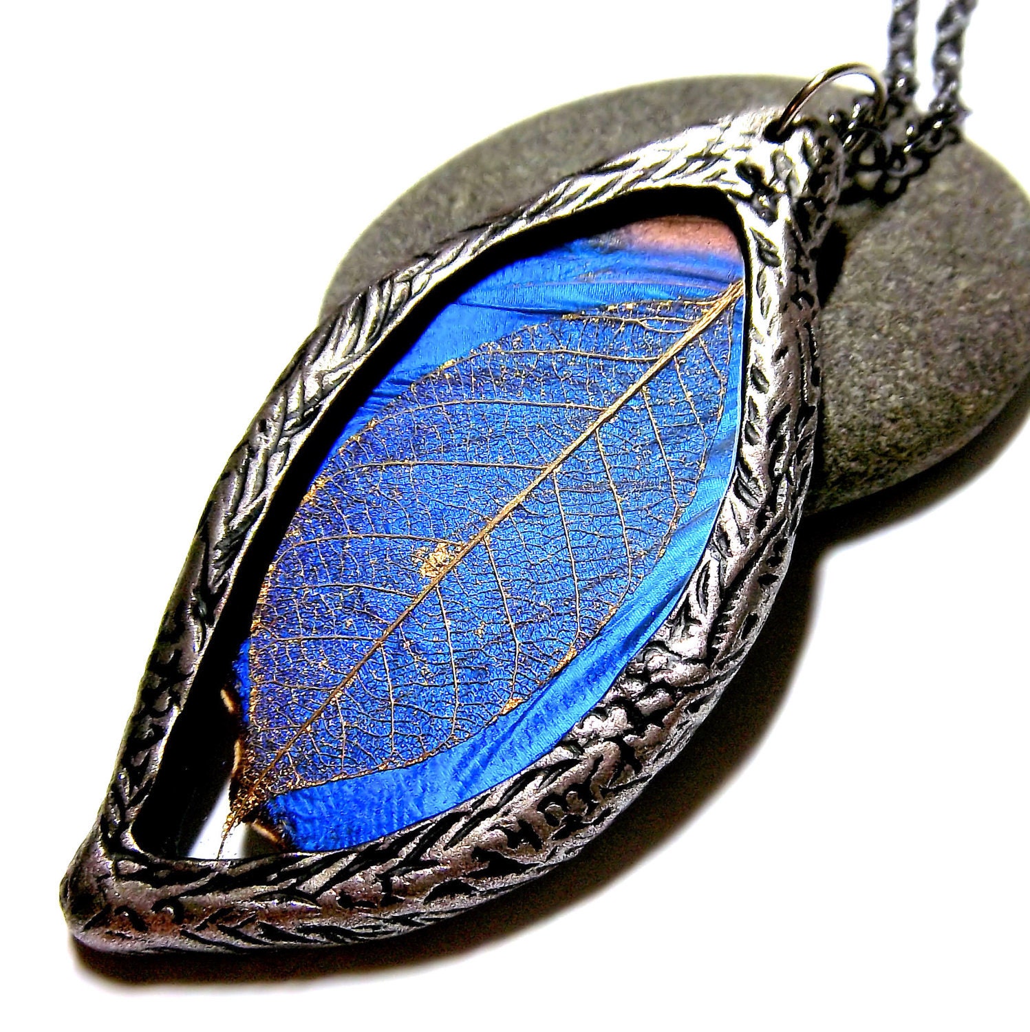 Blue Morpho Skeleton Leaf Real Butterfly Wing Necklace FREE Inspirational Word