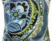 Two Blue Chartreuse White Brown Paisley pillow covers.  Decorative Toss Throw Accent Pillow Covers 18 inch