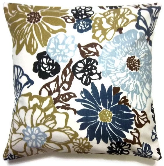Two Blue Olive Green White Brown Pillow Covers  Decorative Floral Toss Accent Throw Pillow Cover 16 inch
