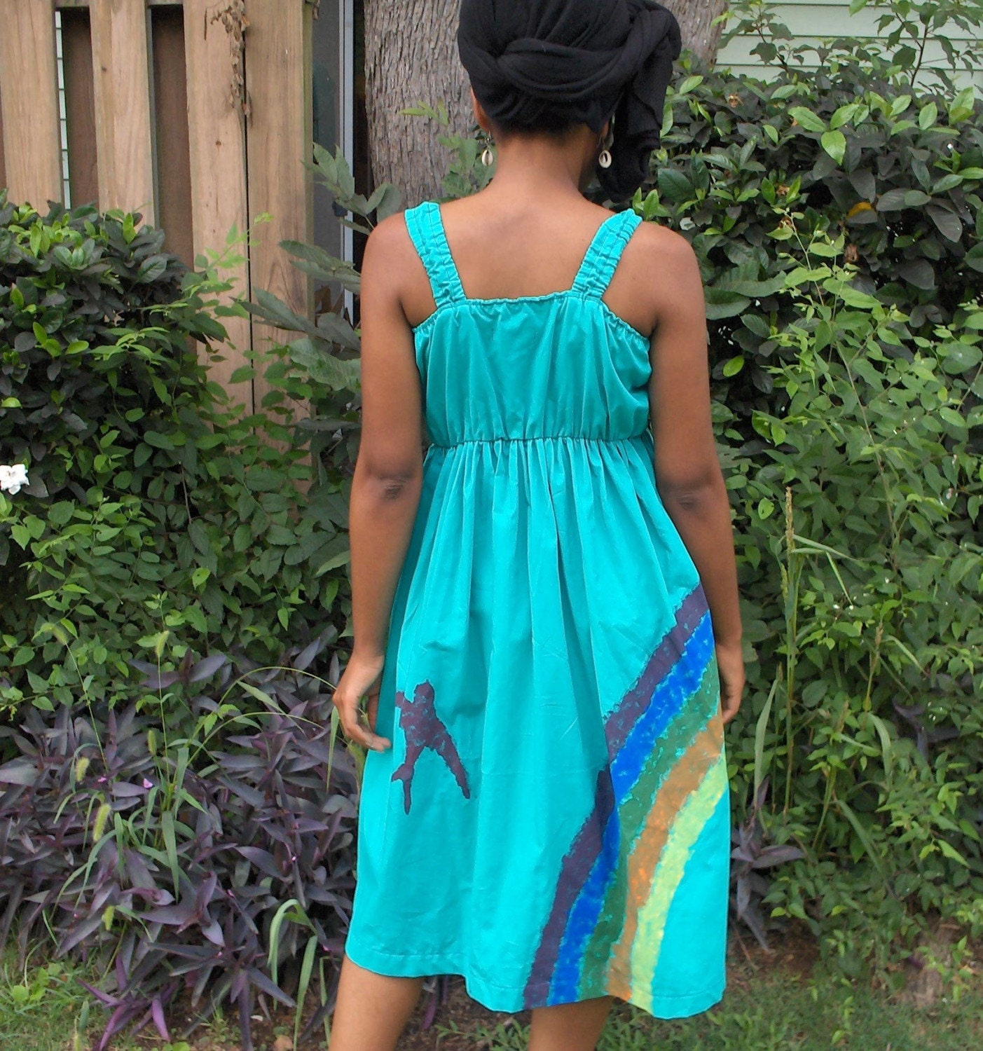 C L E A R A N C E flyTie turquoise halter dress wearable art--rainbow