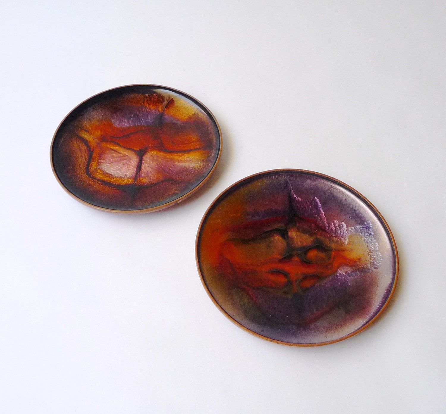 Scandinavian Mid Century Modernist Copper Enamel Trays Set of Two Abstract Modern