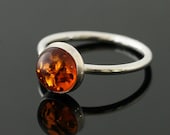 Round Amber Ring - Sterling Silver Gemstone - Size 2 to 15
