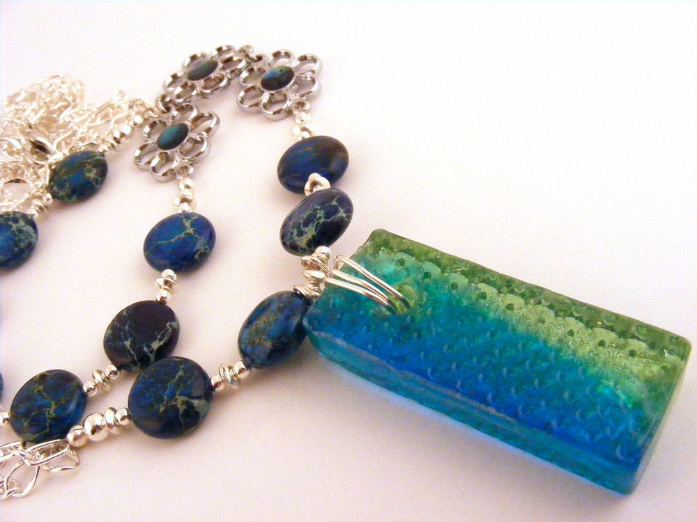 Gemstone Beaded Necklace Long Glass Pendant Paua Shell Flowers Asymetrical Teal Green
