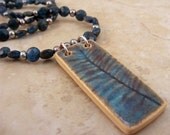 Gemstone Beaded Necklace Teal Spruce Leaf Pendant & Kyanite with Matching Earrings Set