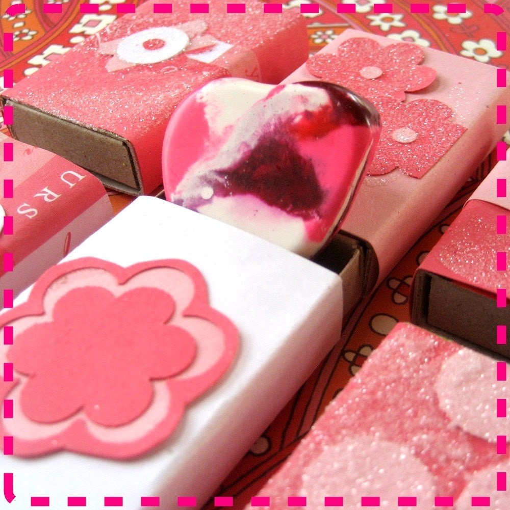 Valentine's Matchbox Goodies - With a Surprise Heart-Shaped Rainbow Recycled Crayon Tucked Inside - Set of Three (3) - Eco Friendly