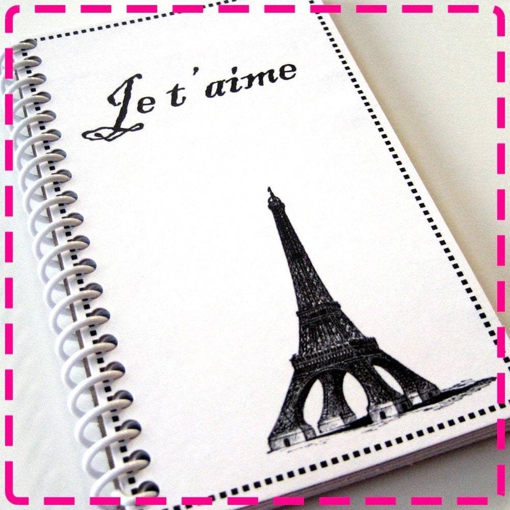 I LOVE YOU en Francais (Je t'aime) - Mini Jot and Go Recycled Notebook / Upcycled Journal - Spiral Bound and Eco Friendly - Black and White