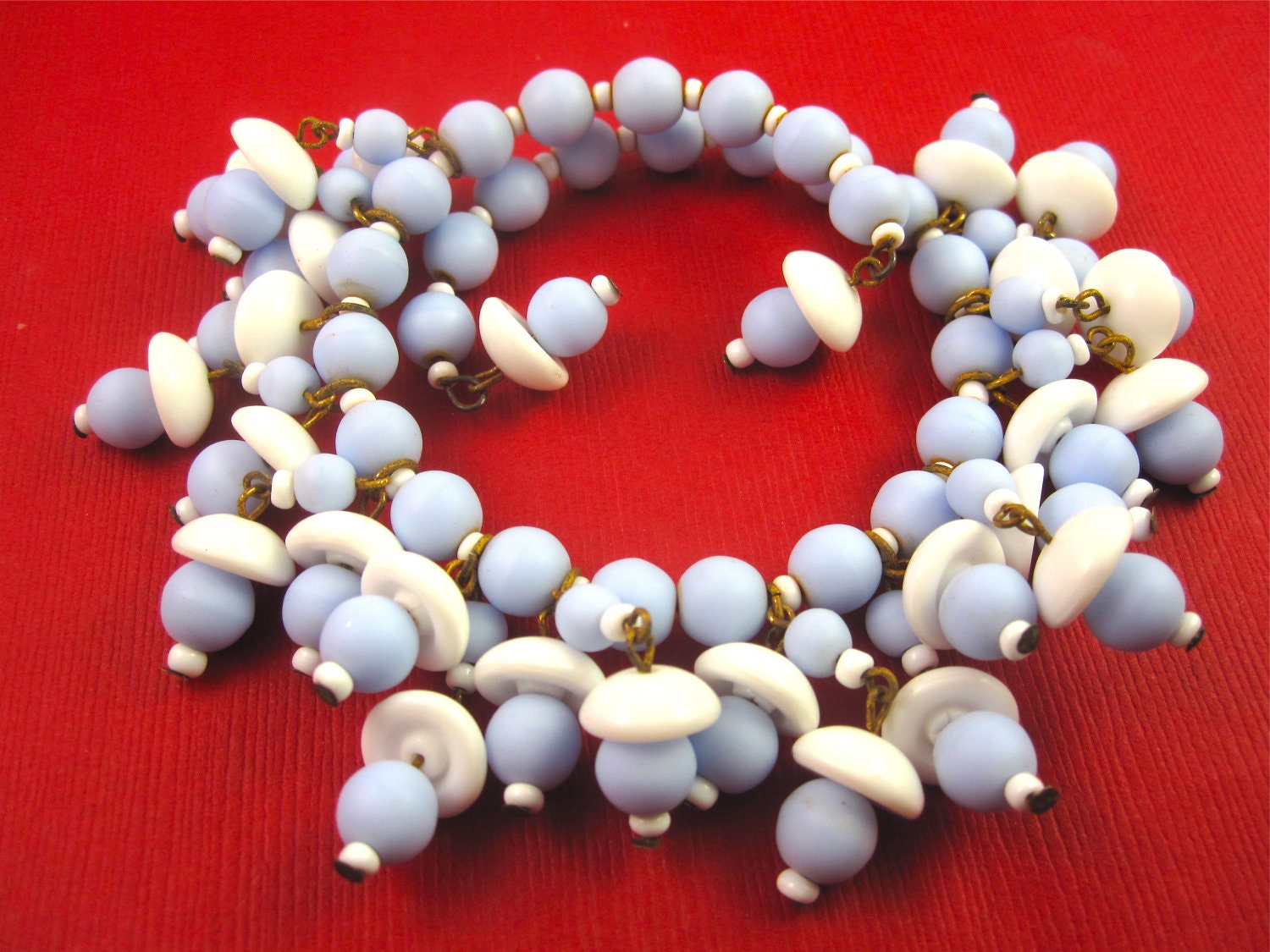 Vintage 40s Blue and Milk Glass Beaded Wrap Bracelet BEAUTIFUL